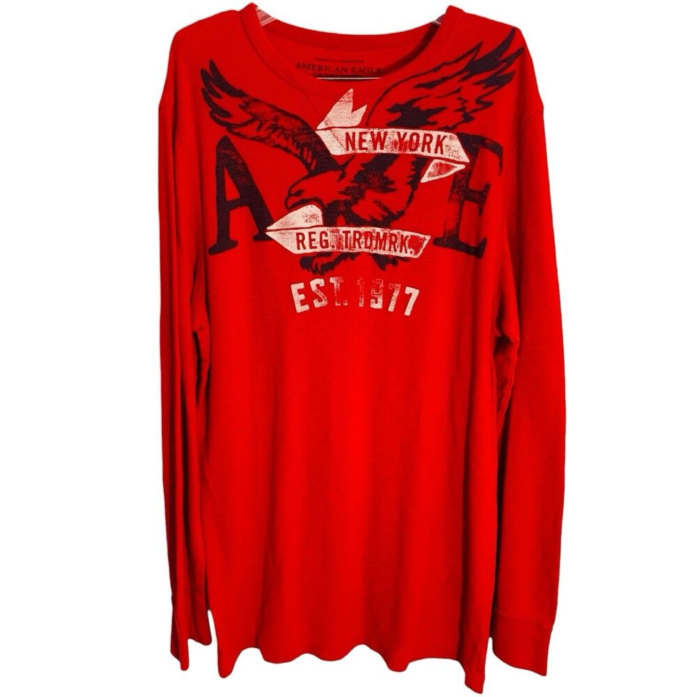 AMERICAN EAGLE Shirt Men's Vintage Fit L/S Crew Neck Red Graphic Thermal Sz XLT